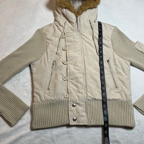 Glimmer Full Zip Knit Jacket w/ Fur Trim Hood Size L Y2K Hip Hop Neutral Casual - Picture 8 of 8